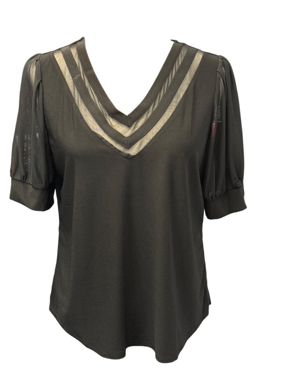 NY COLLECTION Short Puff Sleeve V-Neck Top~Size PM~Black Petite Mesh NWT L10 39